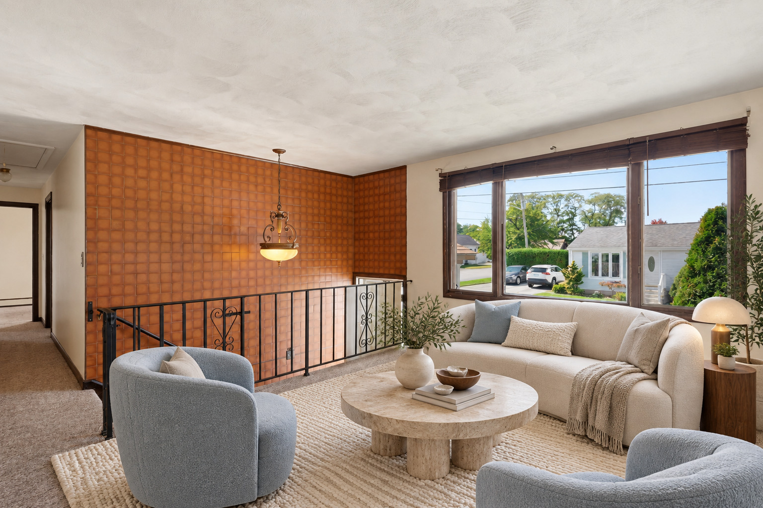 Virtually staged living room with large front window