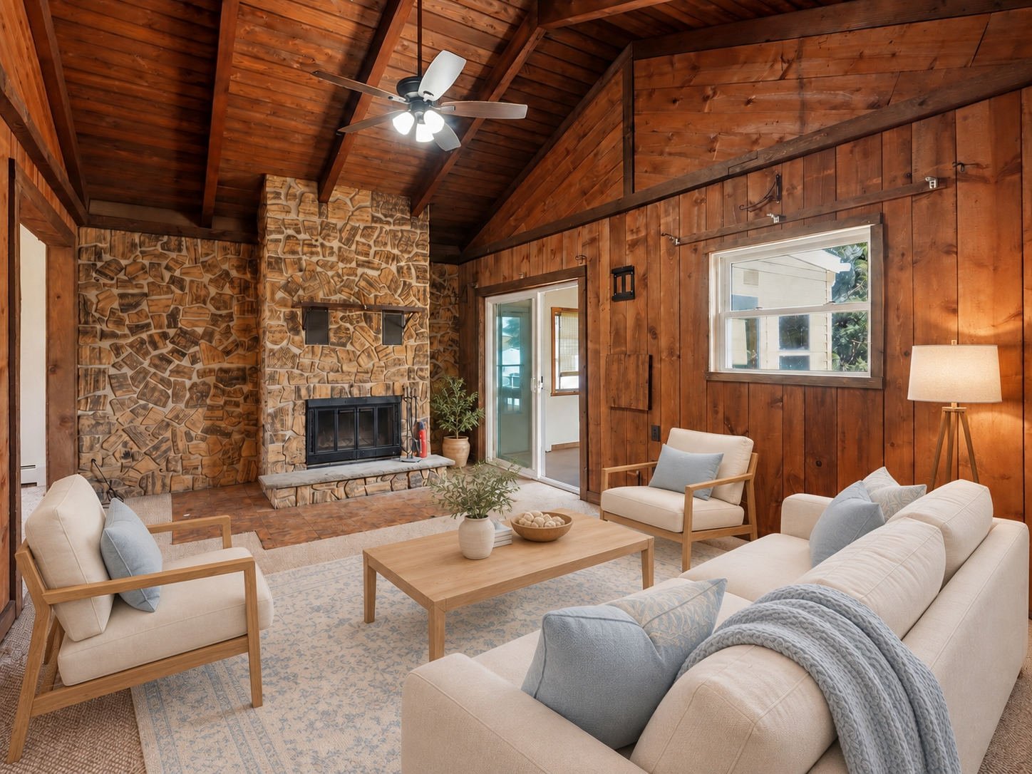 Virtually staged sunroom with wicker chairs